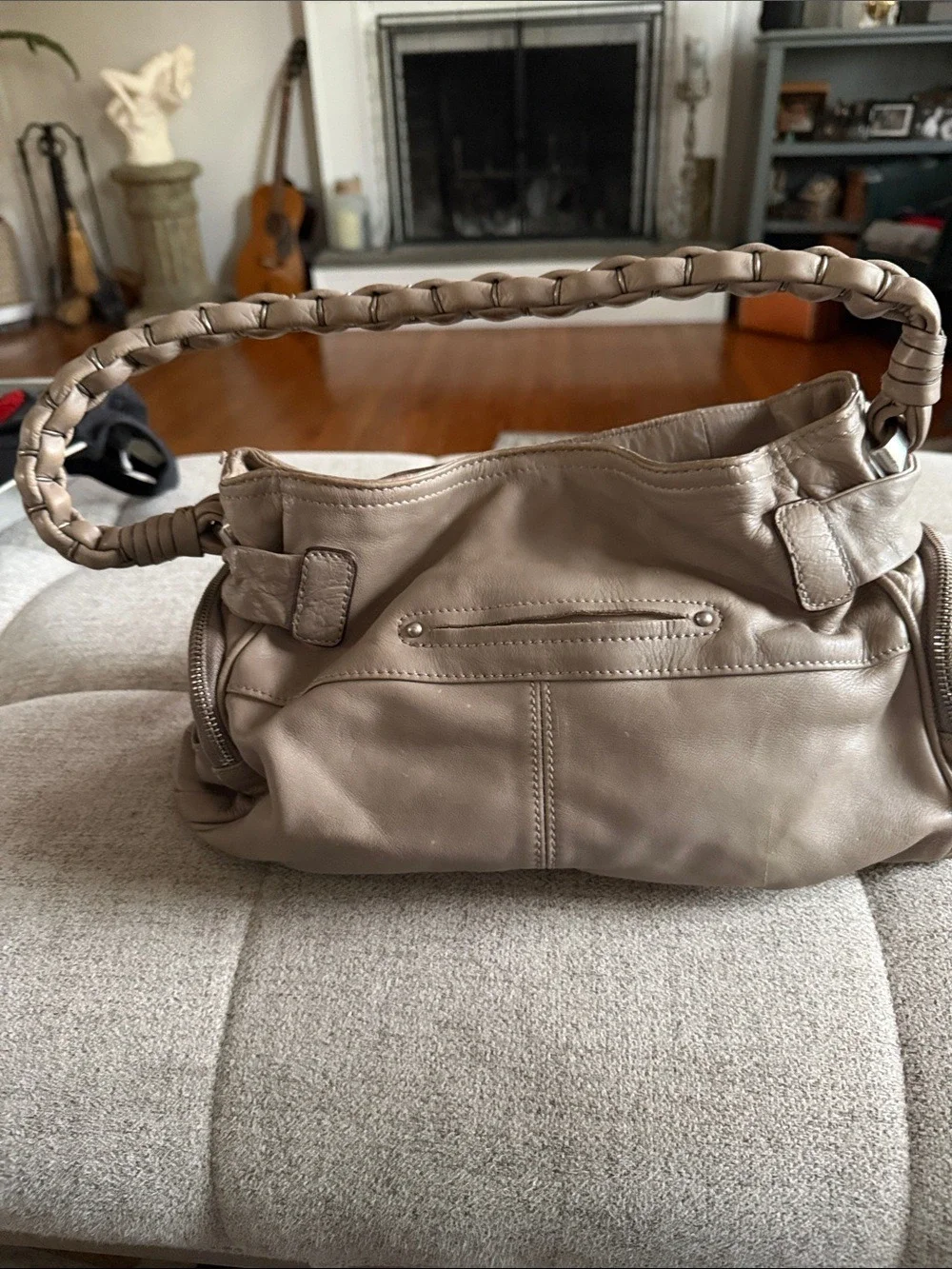 B. Makowsky Taupe Leather Shoulder Bag Satchel Silver Hardware
